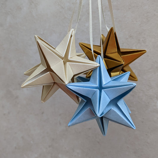 Metallic paper star bauble, origami Christmas tree ornament