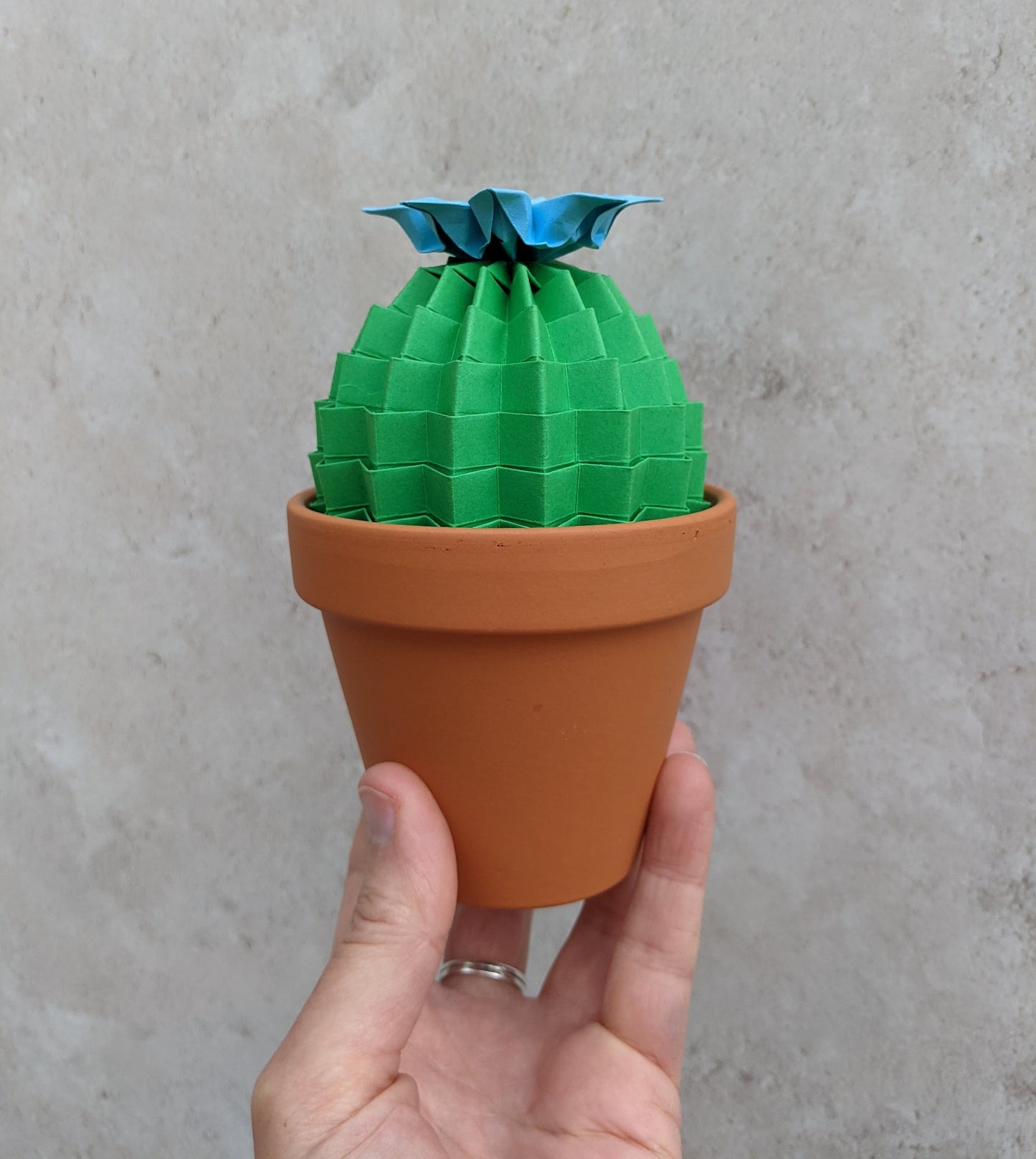 Green origami flowering cactus, large paper pot plant gift