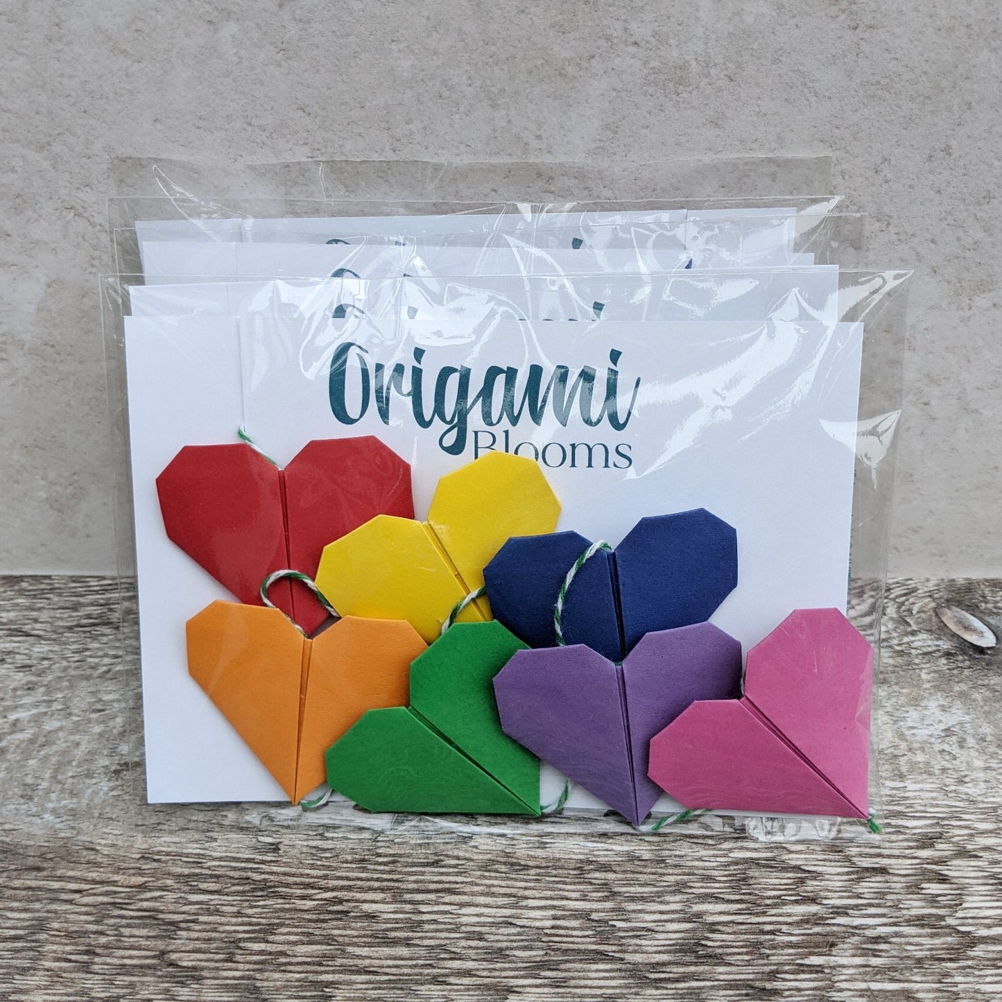 Rainbow origami hearts paper garland, colourful home decoration