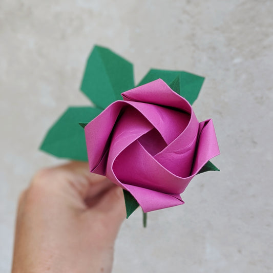 Origami paper rose with leaves, unique flower gift