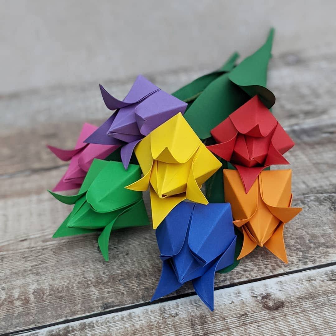 Origami tulips rainbow bouquet, Spring paper flowers gift
