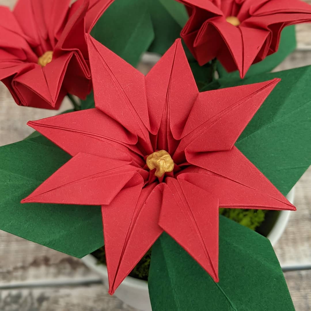 Red paper poinsettia potted plant gift, origami faux flowers
