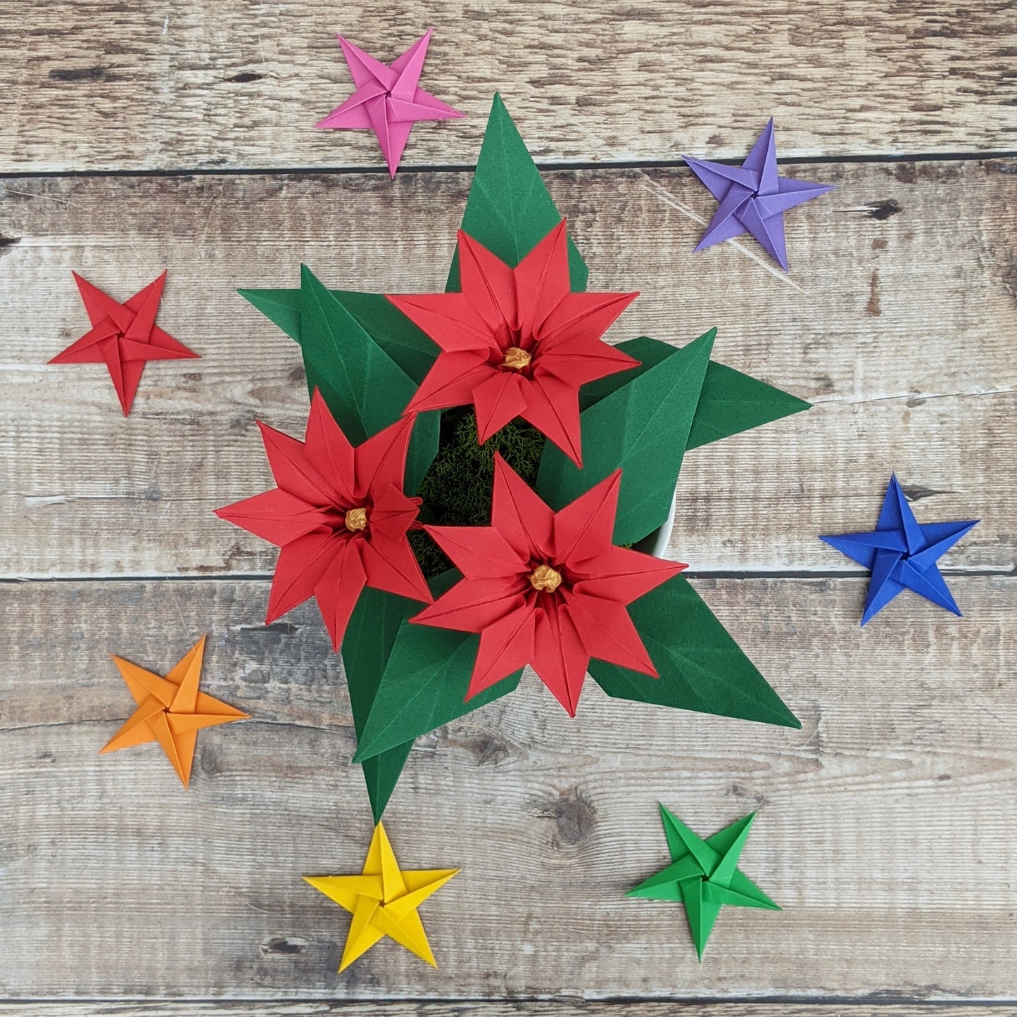 Red paper poinsettia potted plant gift, origami faux flowers
