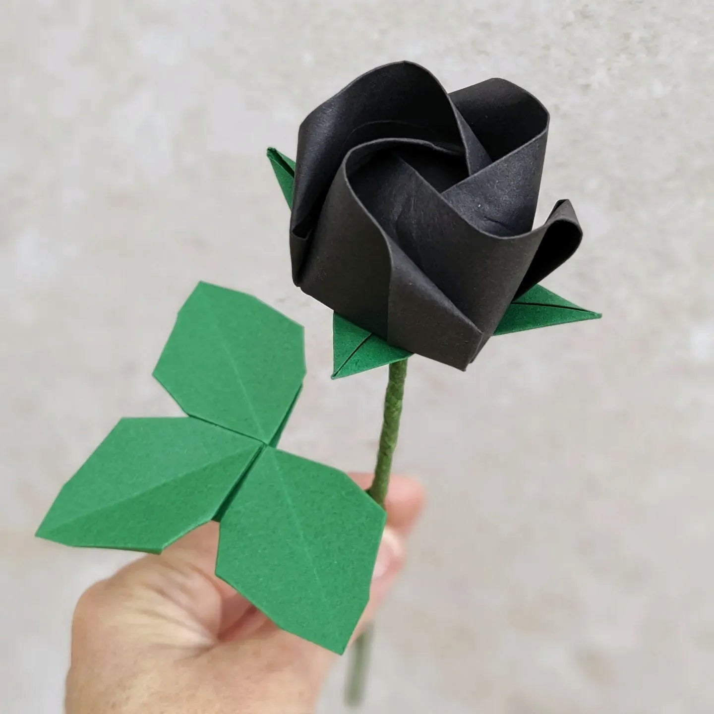 Origami paper rose with leaves, unique flower gift