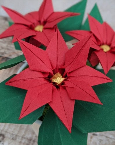 Red paper poinsettia potted plant gift, origami faux flowers
