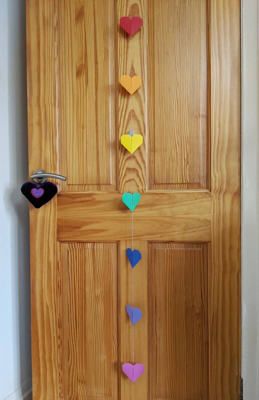 Rainbow origami hearts paper garland, colourful home decoration