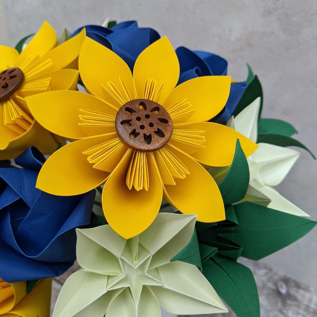 Origami wedding bouquet with sunflowers, alternative bridal flowers