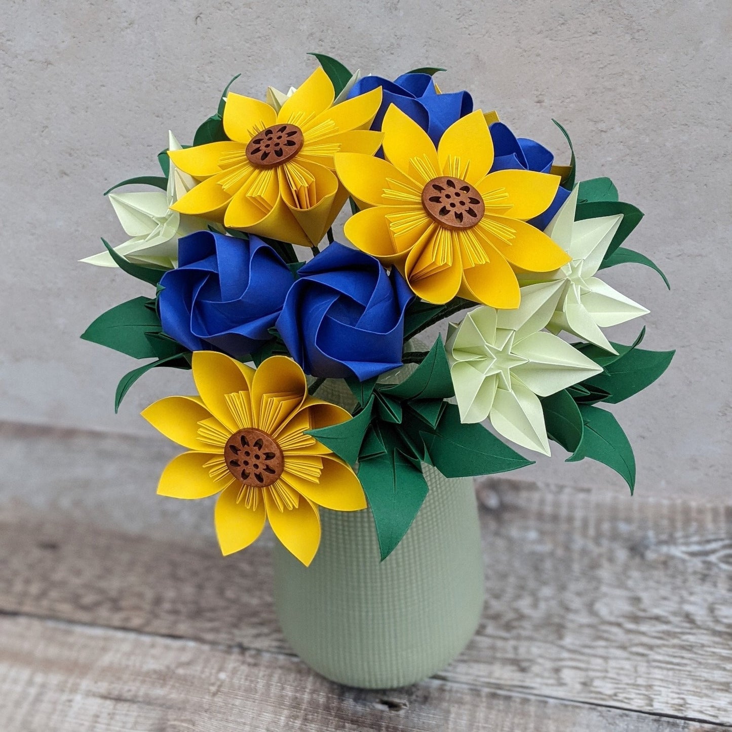 Origami wedding bouquet with sunflowers, alternative bridal flowers