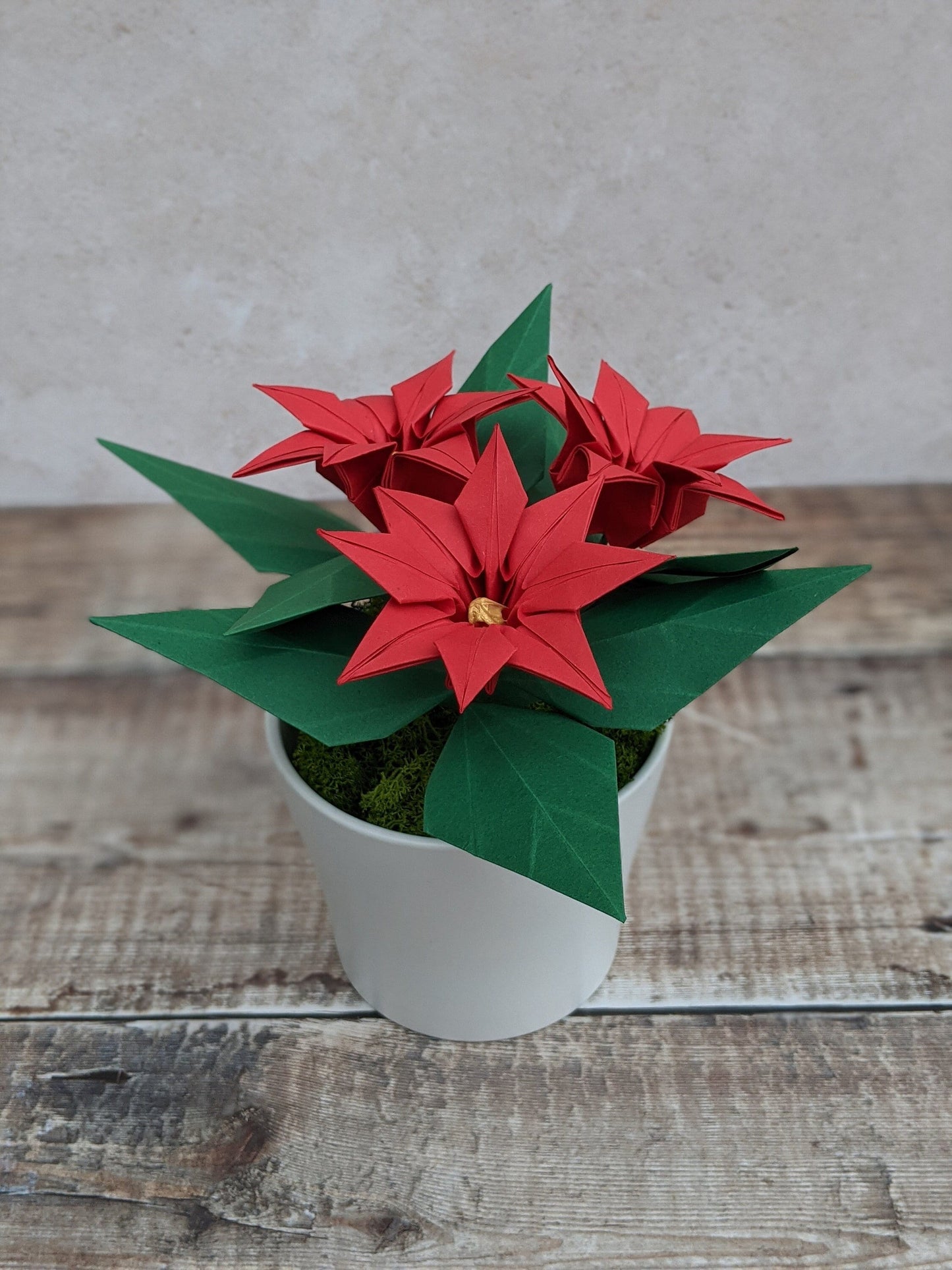 Red paper poinsettia potted plant gift, origami faux flowers