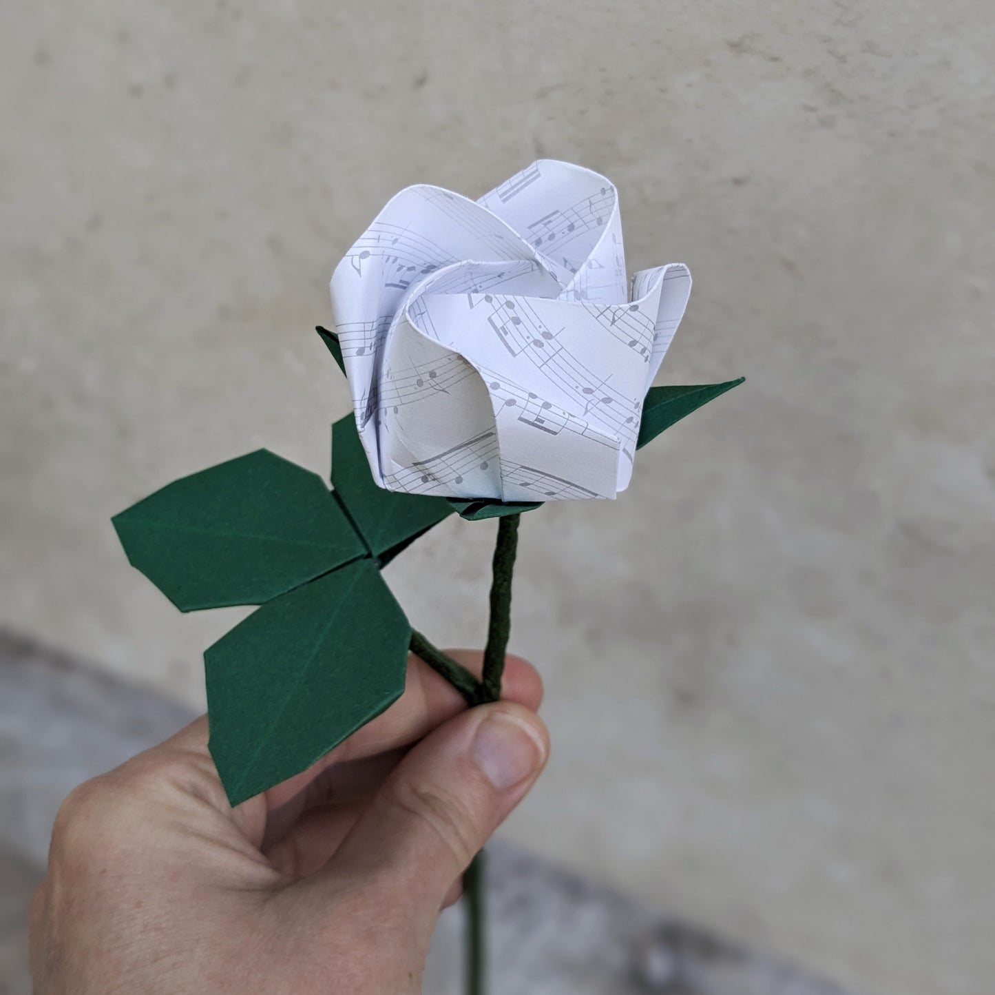 Long stem origami paper rose handmade from music or book paper