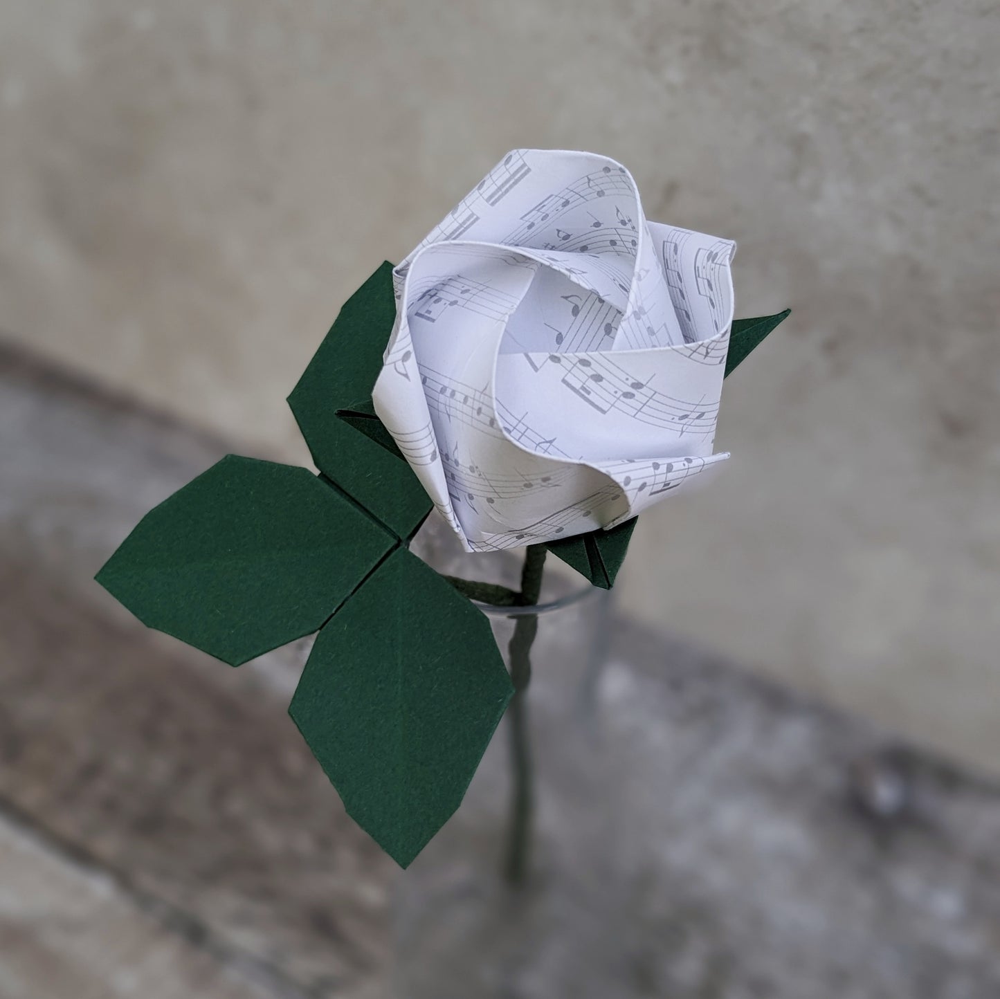 Long stem origami paper rose handmade from music or book paper