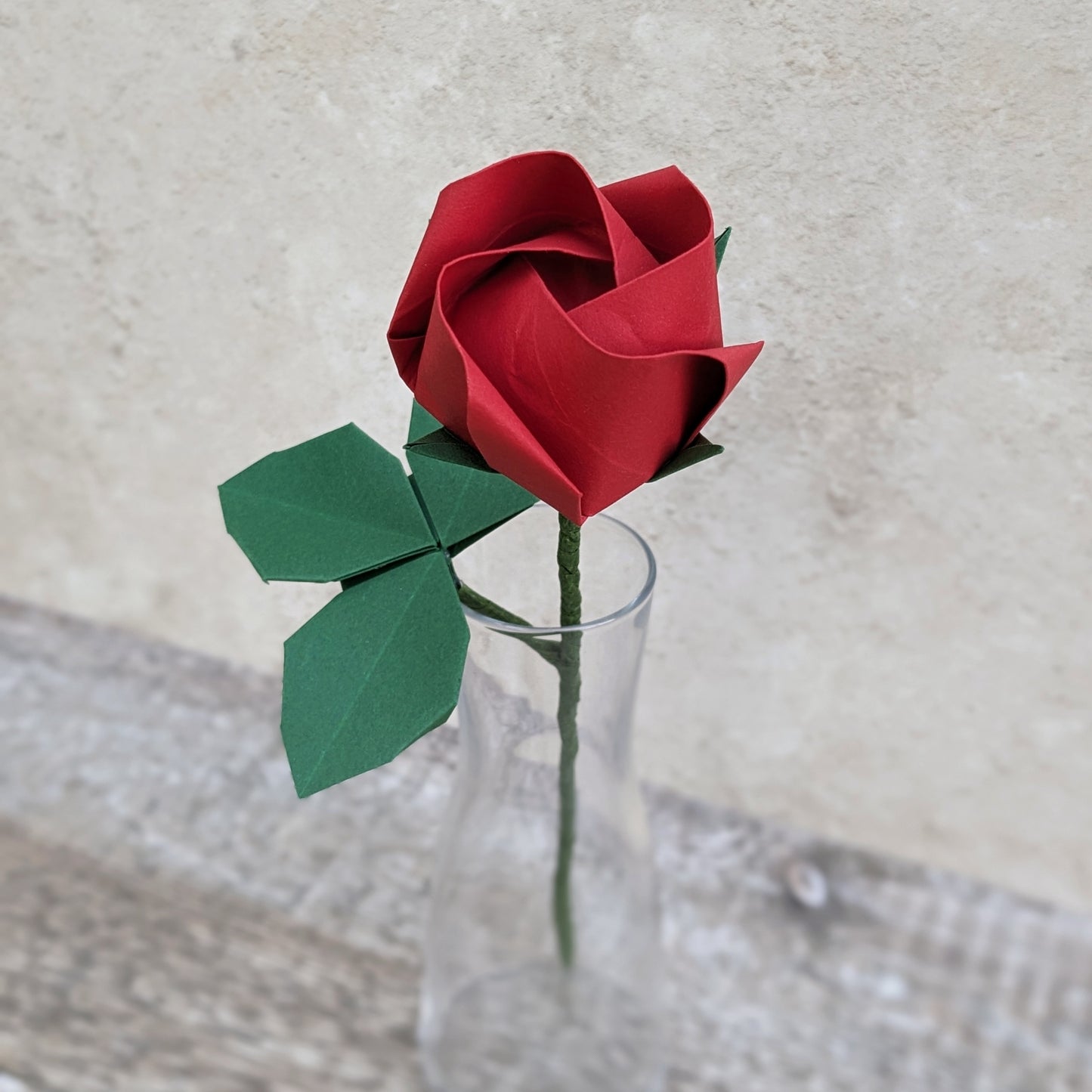 Origami paper rose with leaves, unique flower gift
