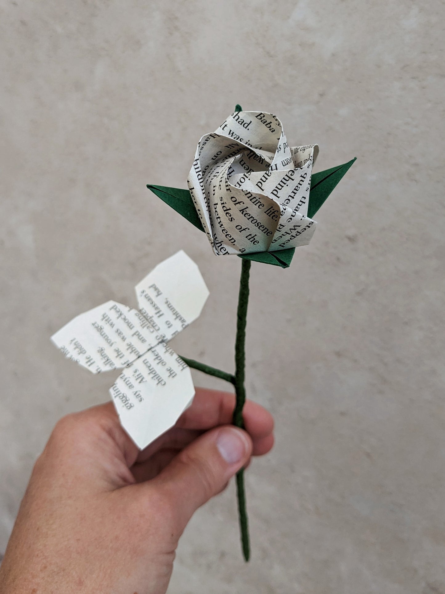 Long stem origami paper rose handmade from music or book paper