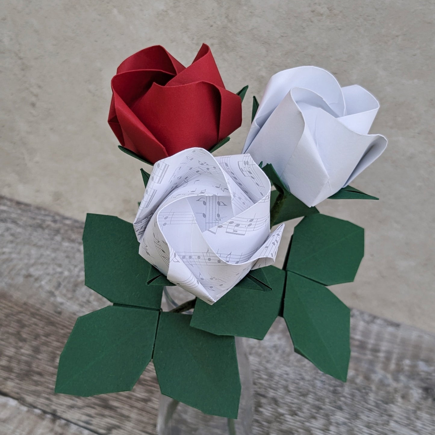 Long stem origami paper rose handmade from music or book paper