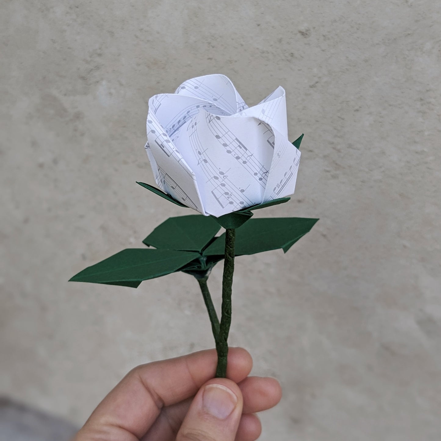 Long stem origami paper rose handmade from music or book paper