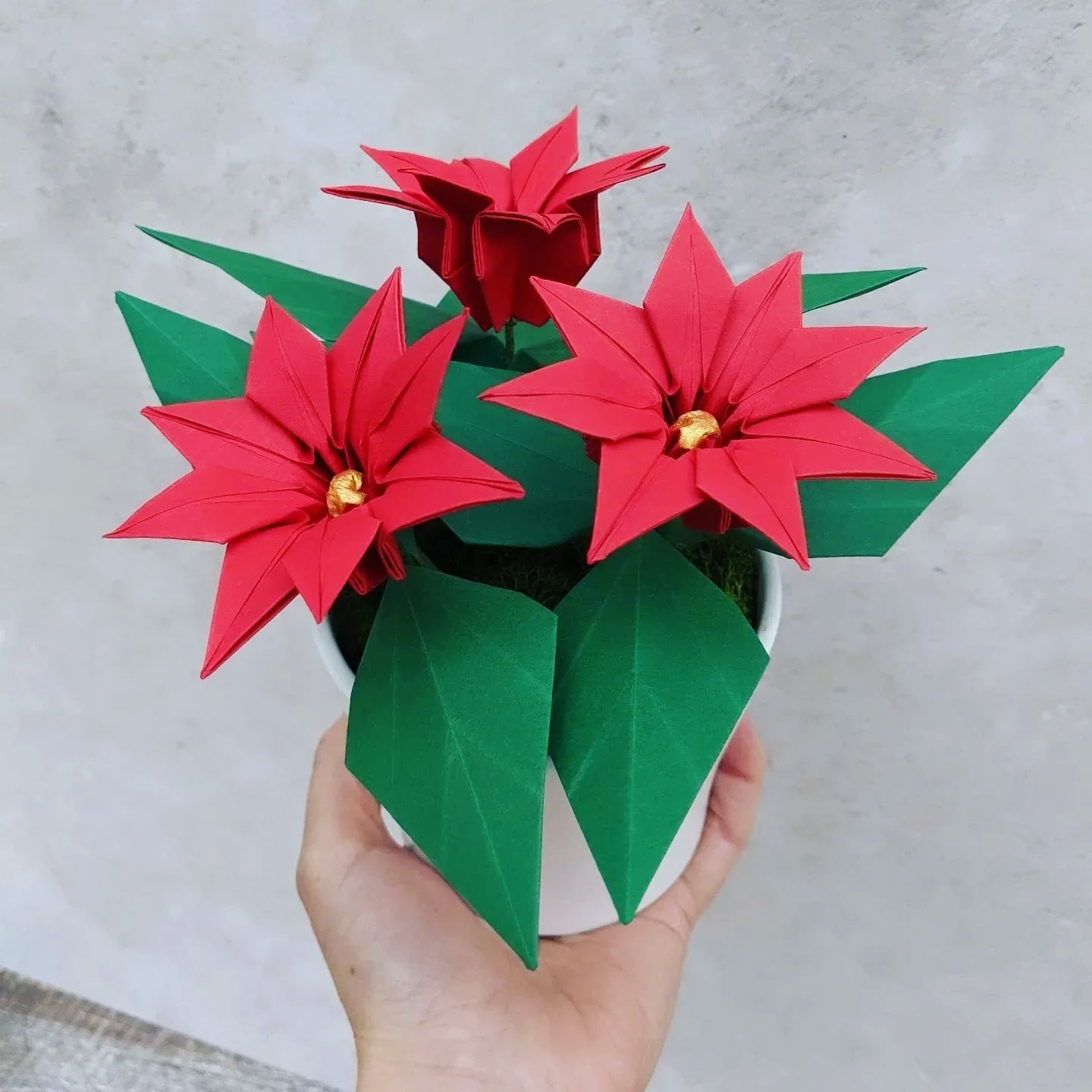 Red paper poinsettia potted plant gift, origami faux flowers