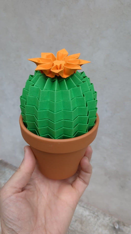 Green origami flowering cactus, large paper pot plant gift