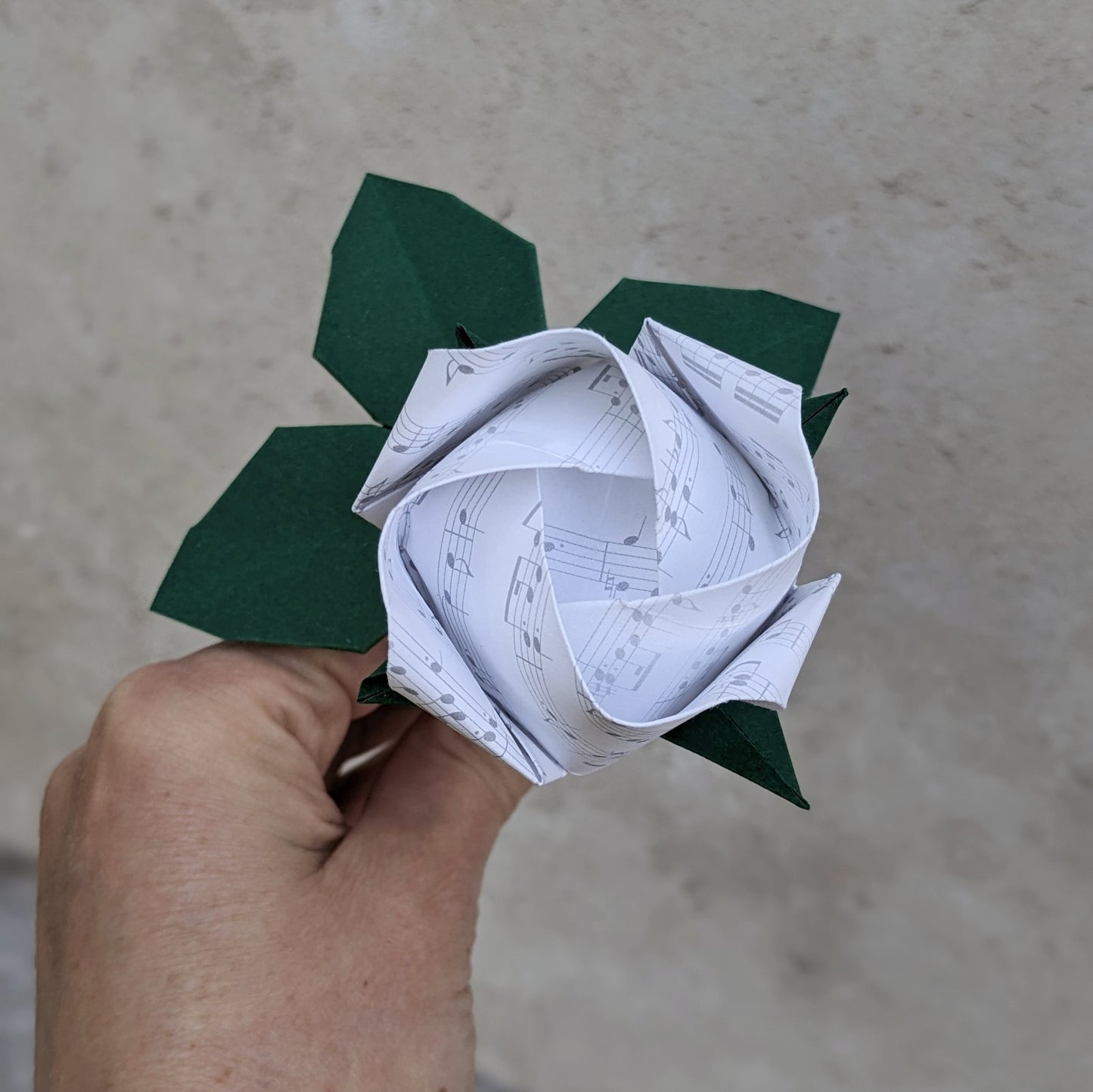Long stem origami paper rose handmade from music or book paper