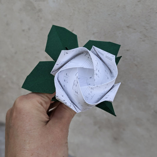 Long stem origami paper rose handmade from music or book paper