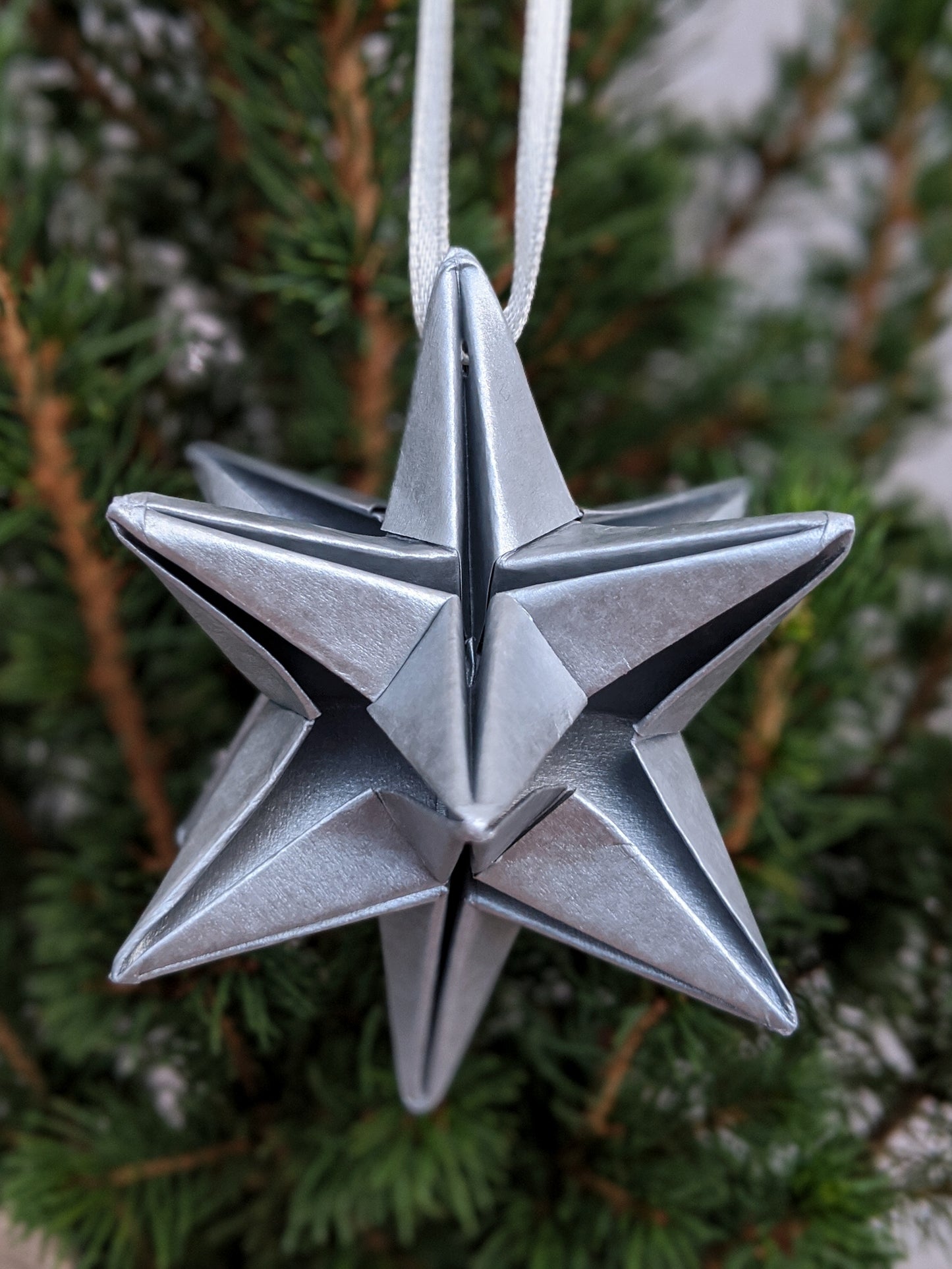 Metallic paper star bauble, origami Christmas tree ornament