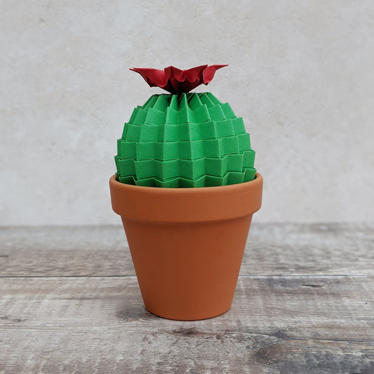 large green paper cactus in terracotta pot with red flower by Origami Blooms