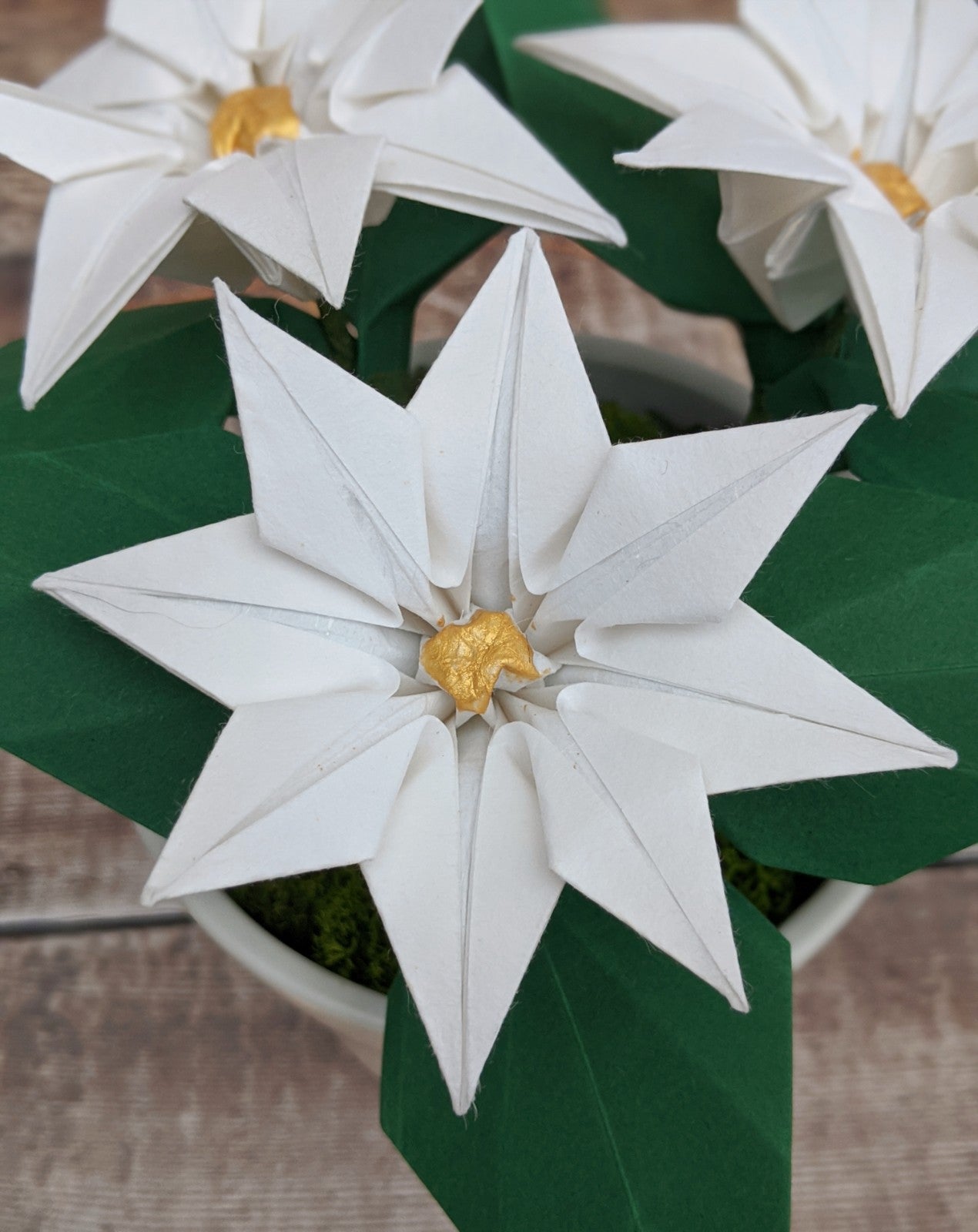 Close up of a white origami paper poinsettia flower