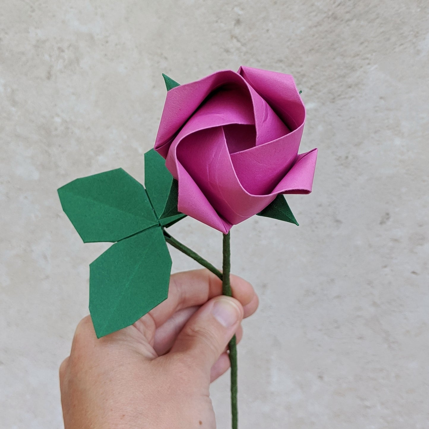 Origami paper rose with leaves, unique flower gift