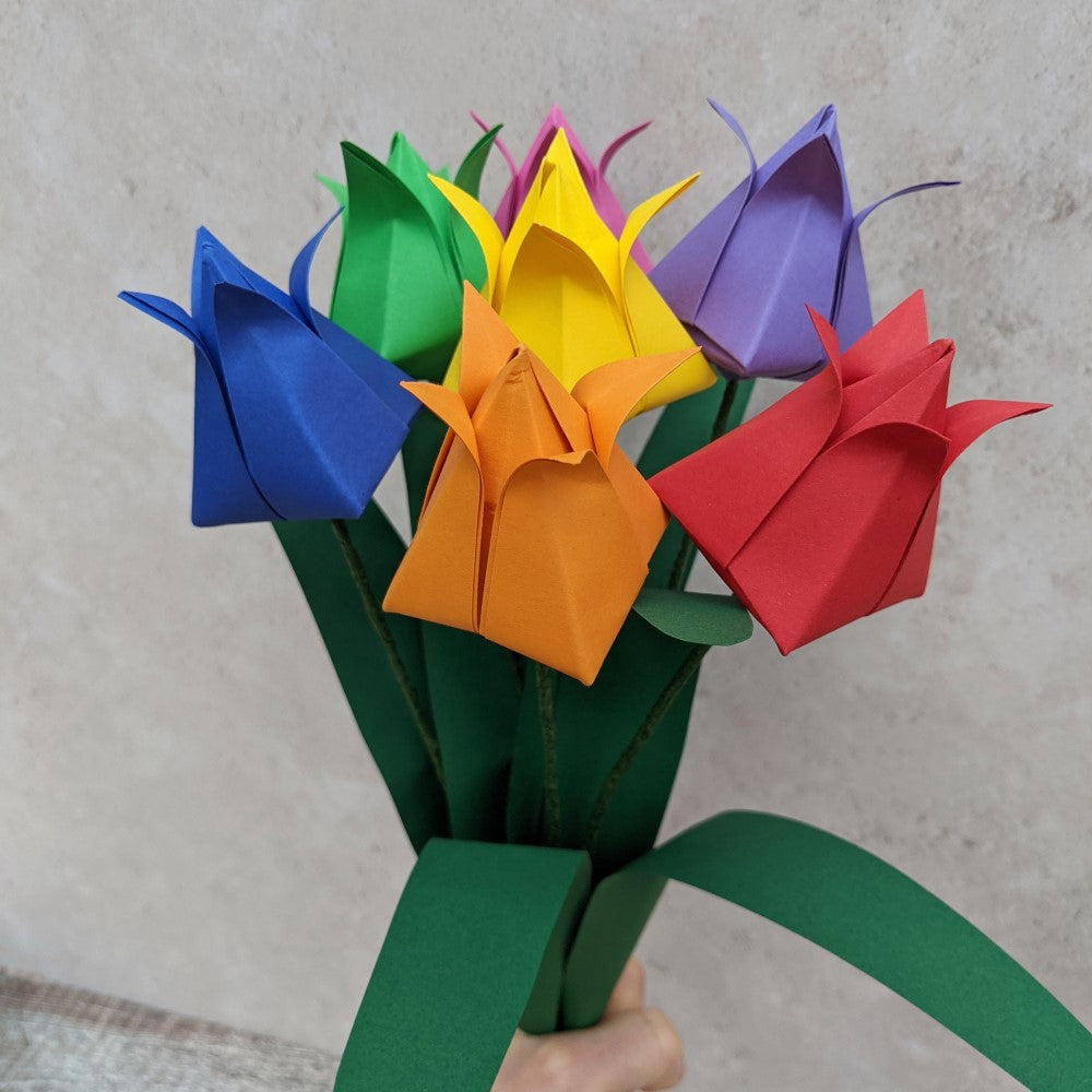 Origami tulips rainbow bouquet, Spring paper flowers gift