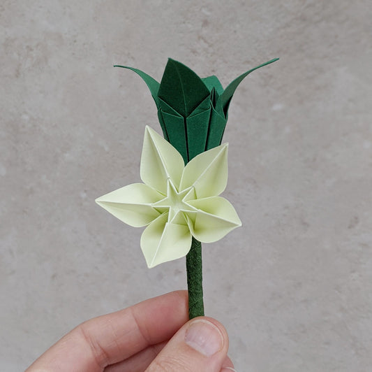 Origami paper men's buttonhole with green lily and star flowers