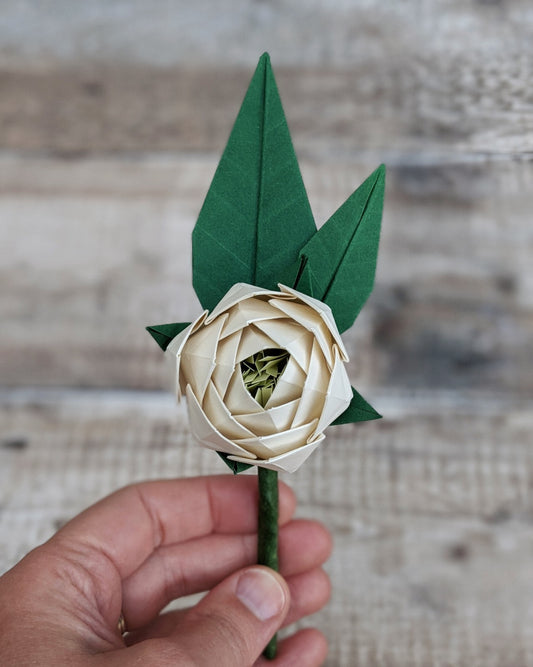 Ivory paper peony flower buttonhole for origami wedding