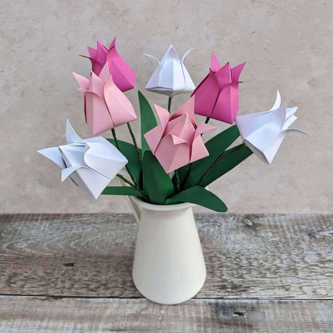 Origami tulips rainbow bouquet, Spring paper flowers gift