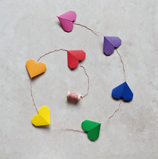 Rainbow origami hearts paper garland, colourful home decoration