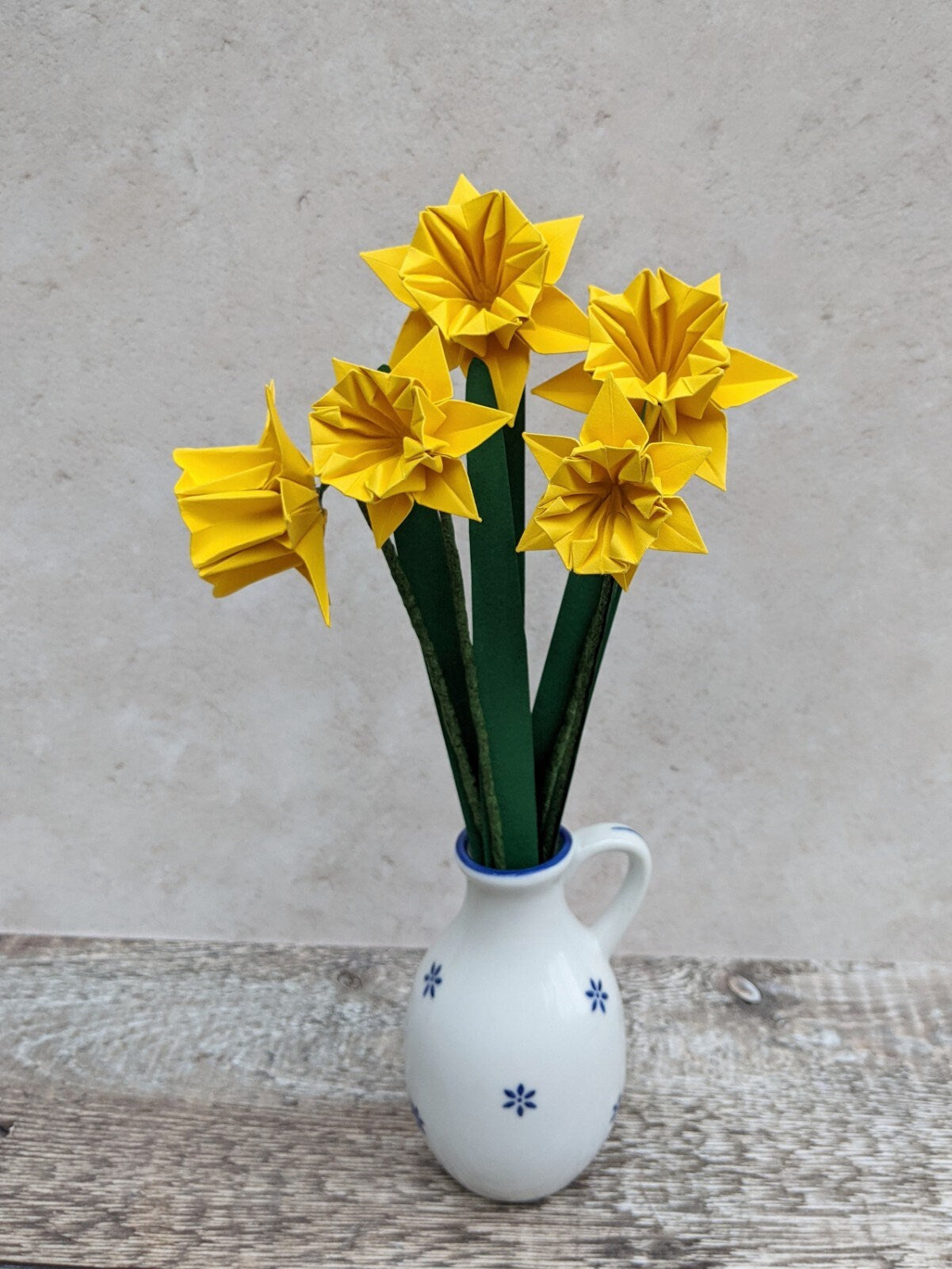 Spring daffodils bouquet, five origami narcissus flowers