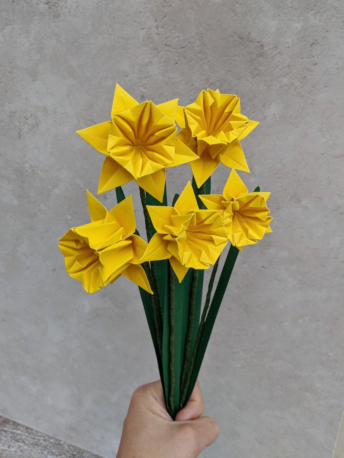 Spring daffodils bouquet, five origami narcissus flowers