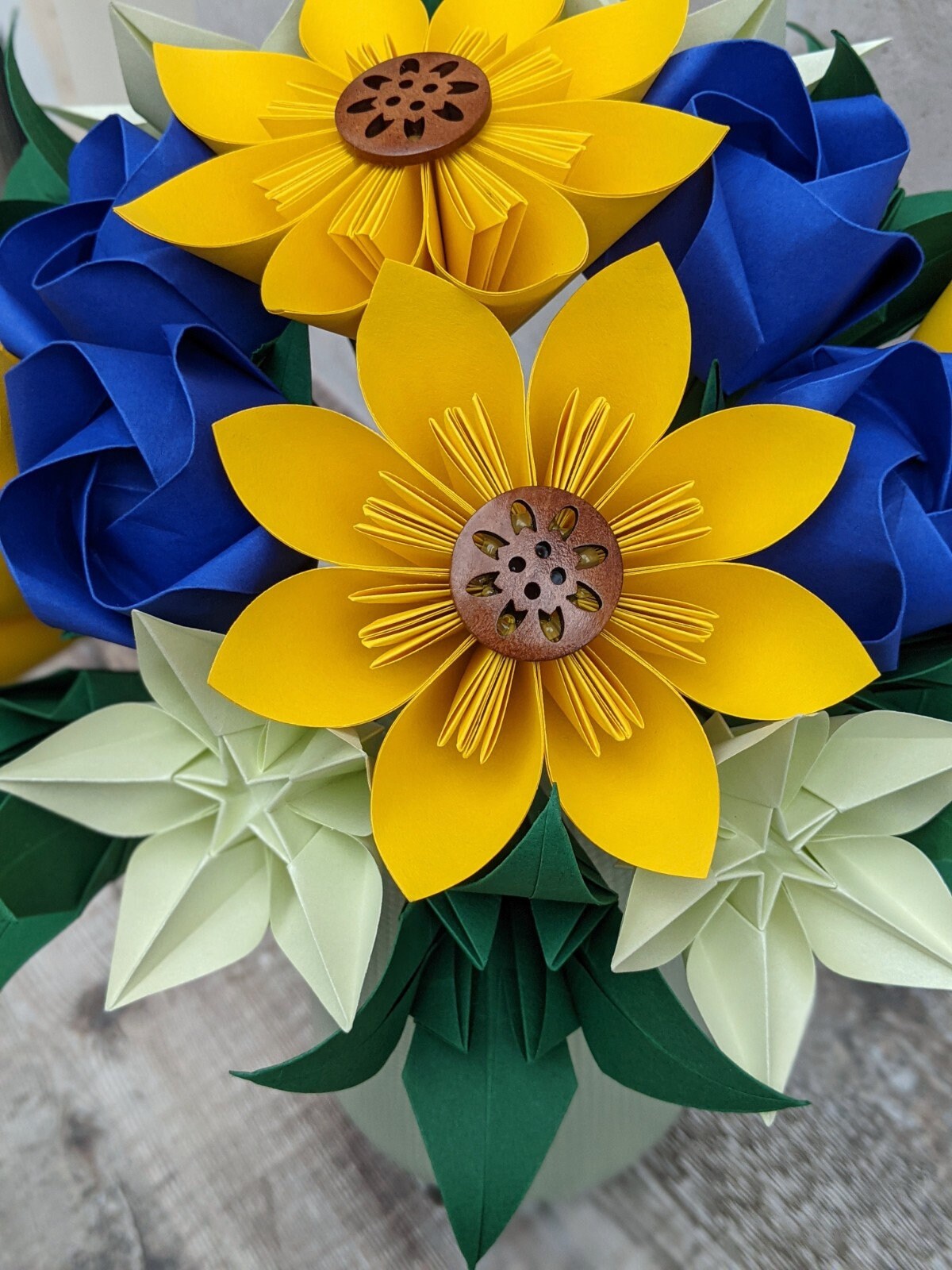 Origami wedding bouquet with sunflowers, alternative bridal flowers