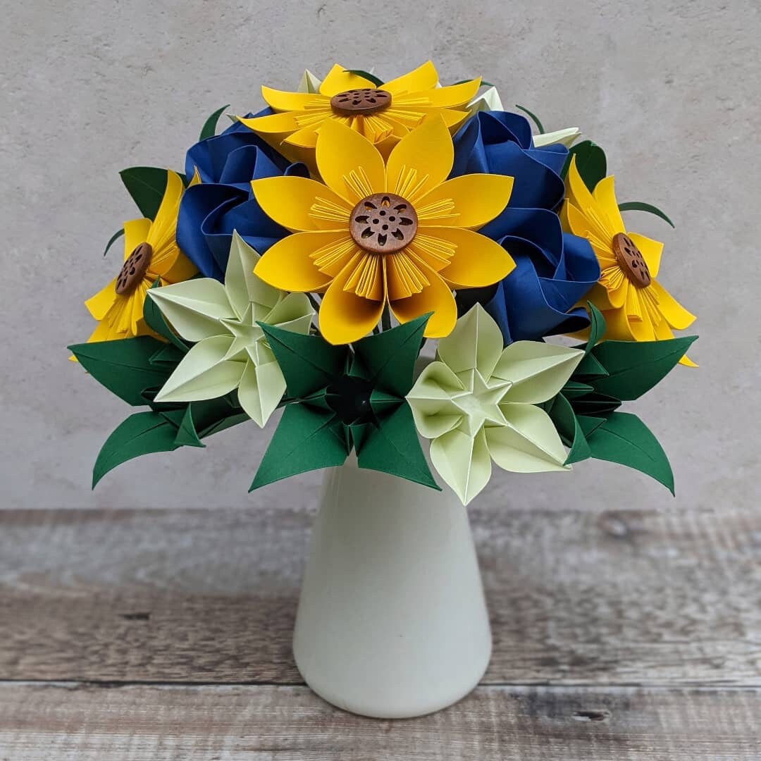 Origami wedding bouquet with sunflowers, alternative bridal flowers