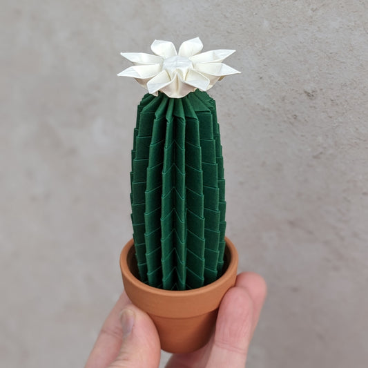 tall slim dark green origami faux cactus with white paper flower on top