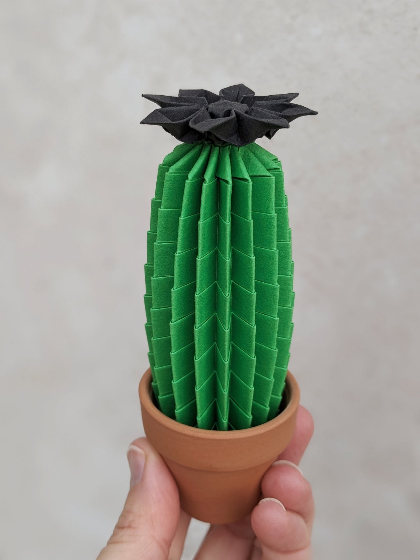 Green origami paper tall slim cactus, fake plant