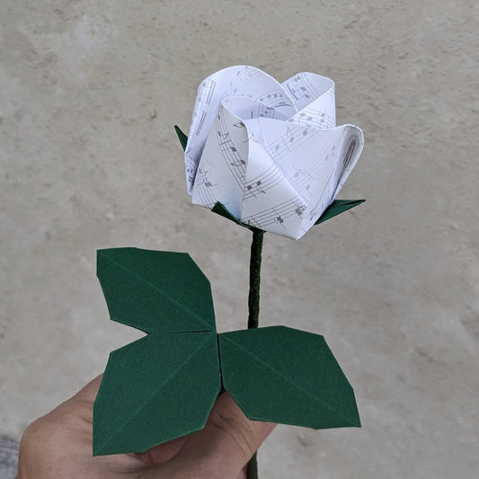 Long stem origami paper rose handmade from music or book paper
